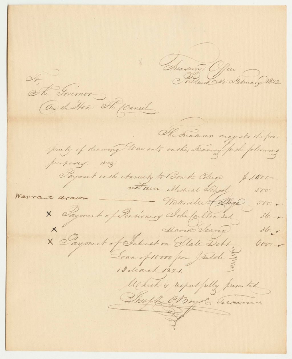 Miniature of Communication from the Treasurer Requesting a Warrant in Favor of Bowdoin College