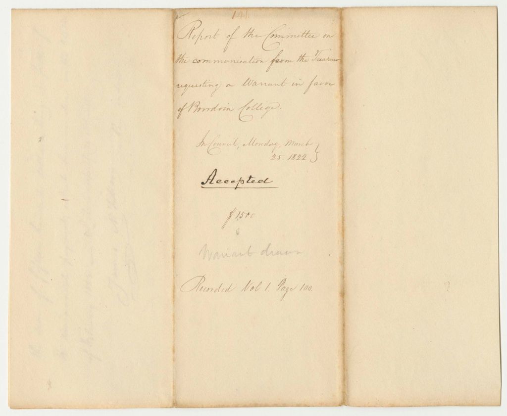 Miniature of Report 141: Report of the Committee on the Communication from the Treasurer Requesting a Warrant in Favor of Bowdoin College