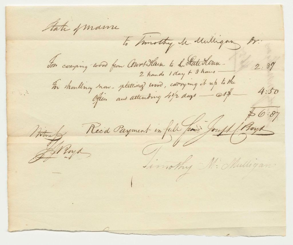 Miniature of Timothy M. Mulligan Receipt for Splitting and Transporting Wood