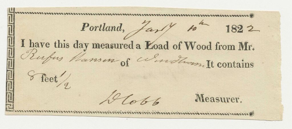 Miniature of D. Cobb Receipts for Wood Measurements for Rufus Hanson