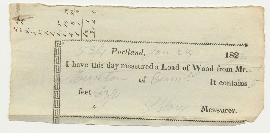 Miniature of S. Clary Receipt for Wood Measurements for Asaph Buxton