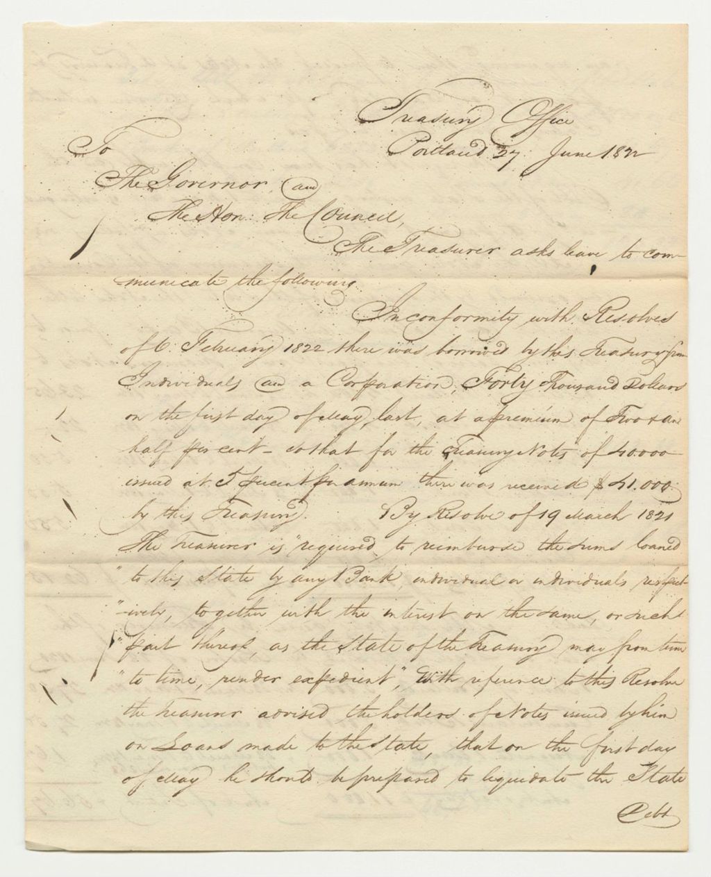 Miniature of Communication from Treasurer Joseph C. Boyd Requesting Warrants for the Reimbursment of the State Debt