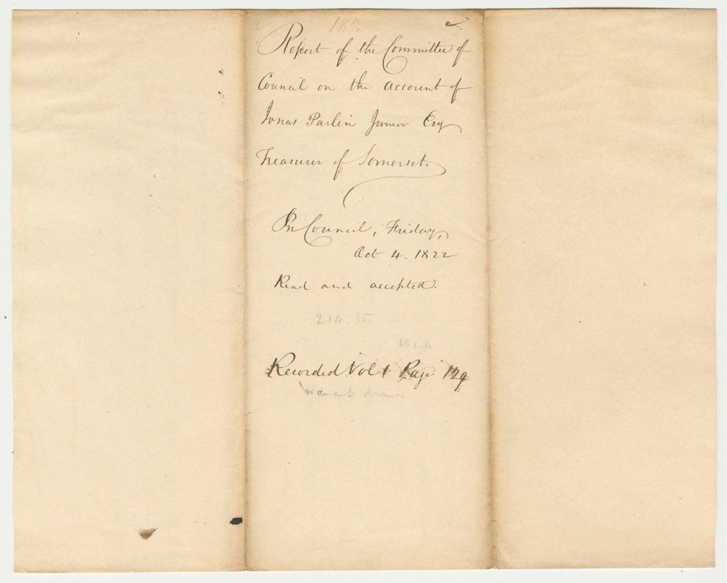 Miniature of Report 182: Report of the Committee of Council on the Account of Jonas Parlin Esq. Treasurer of Somerset