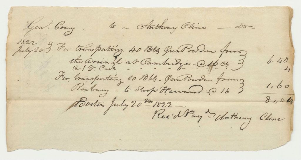 Miniature of Receipt for Anthony Chive for Transporting Gun Powder