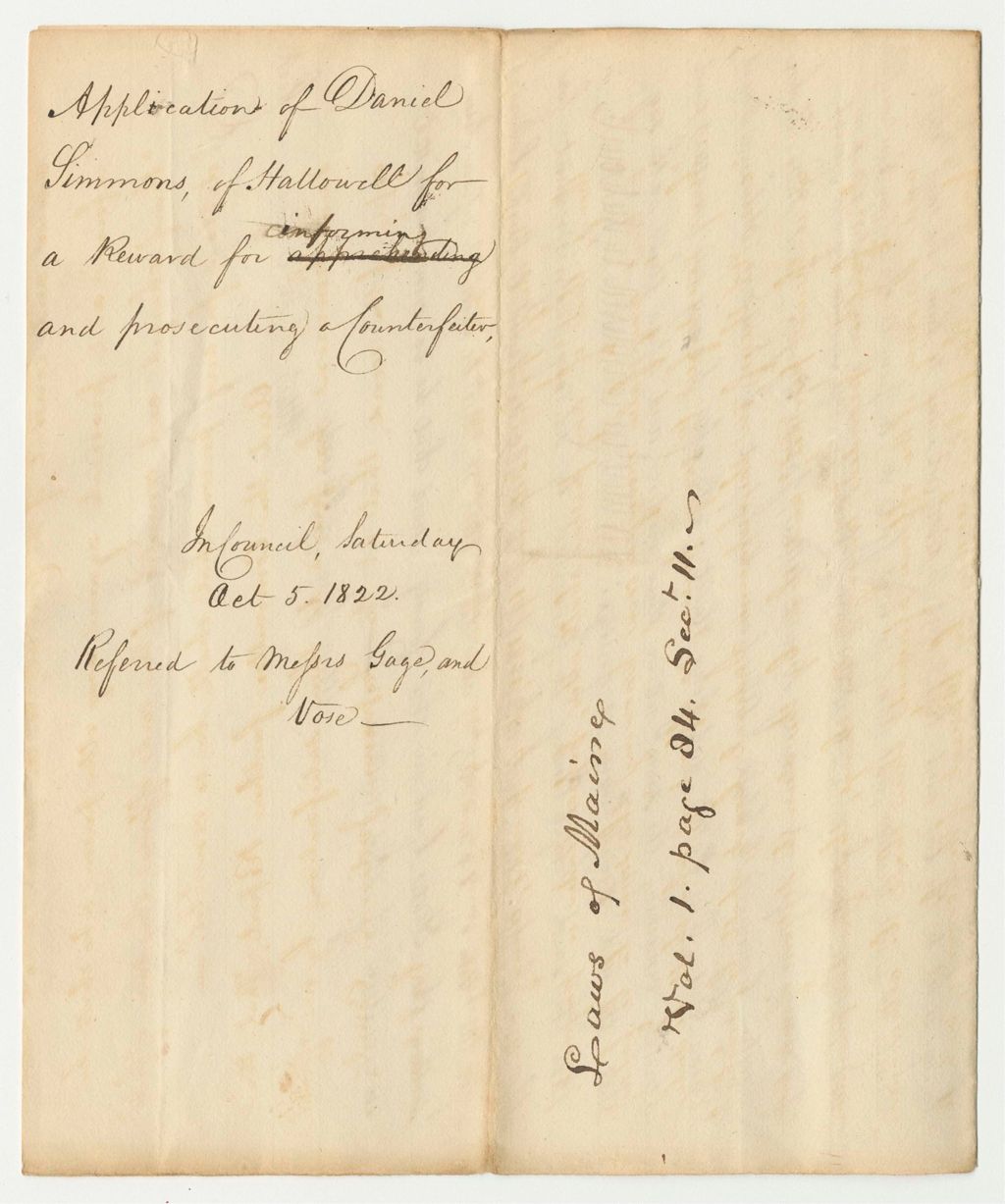 Miniature of Application of Daniel Simmons, of Hallowell for a Reward for Informing and Prosecuting a Counterfeiter
