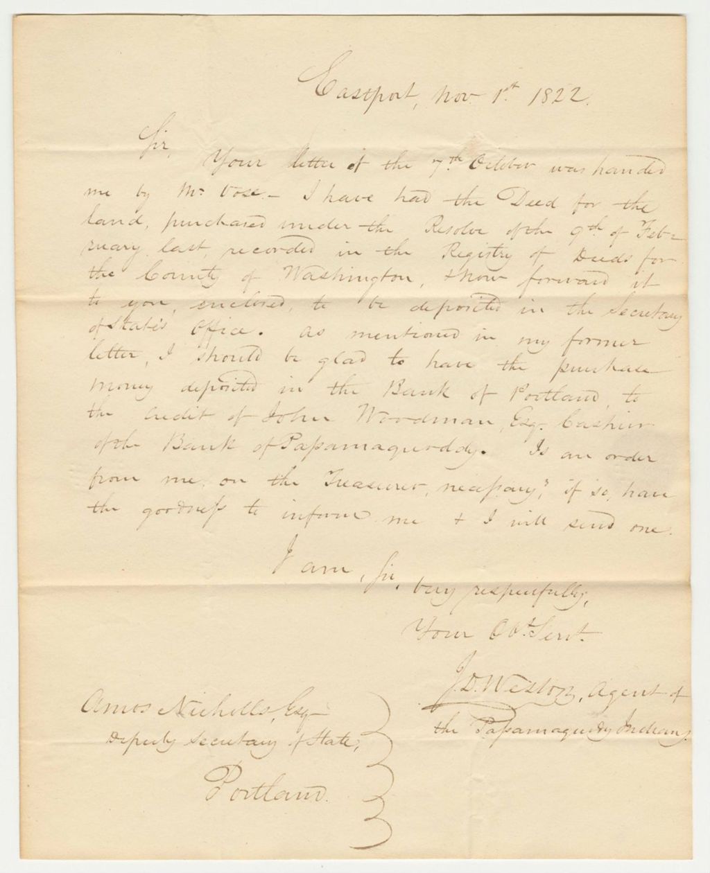 Miniature of Communication from Jonathon D. Weston, Agent of the Passamaquody Indians, Regarding Purchase of Land