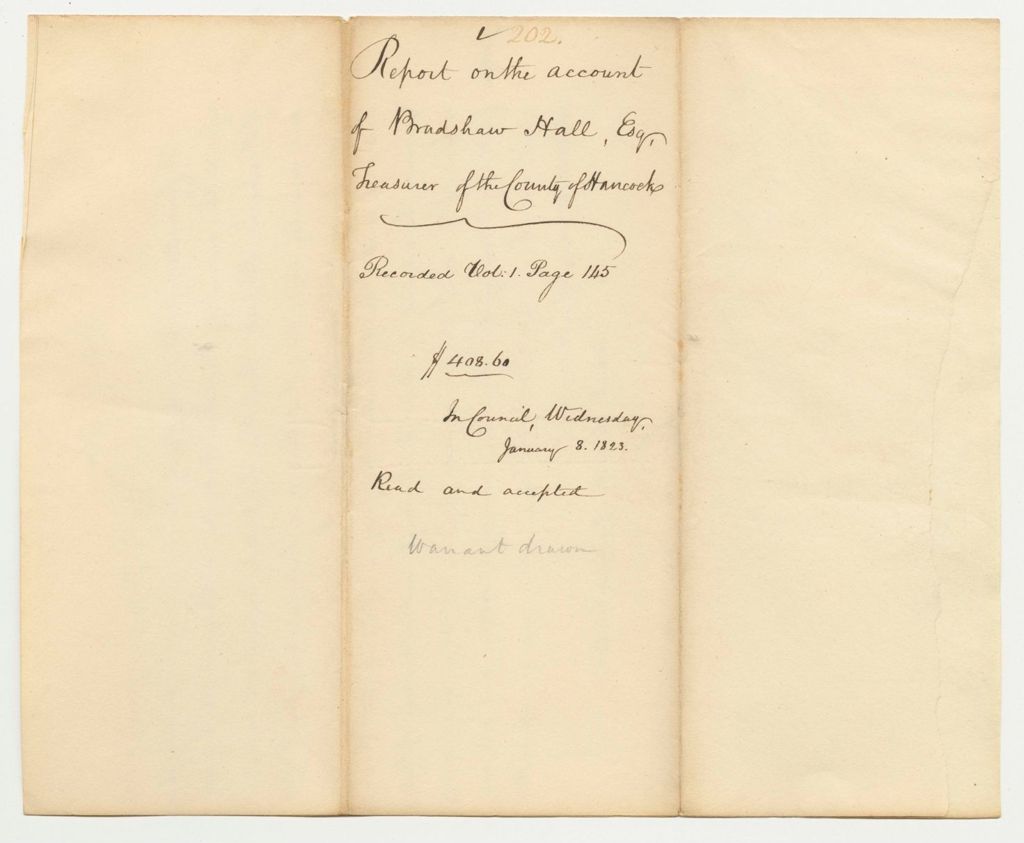 Miniature of Report 202: Report on the Account of Bradshaw Hall, Esq., Treasurer of the County of Hancock