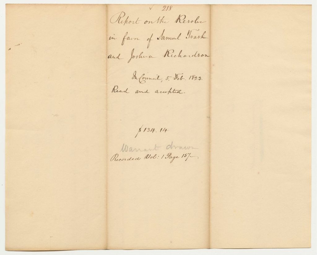 Miniature of Report 218: Report on the Resolve in Favor of Samuel Trask and Joshua Richardson