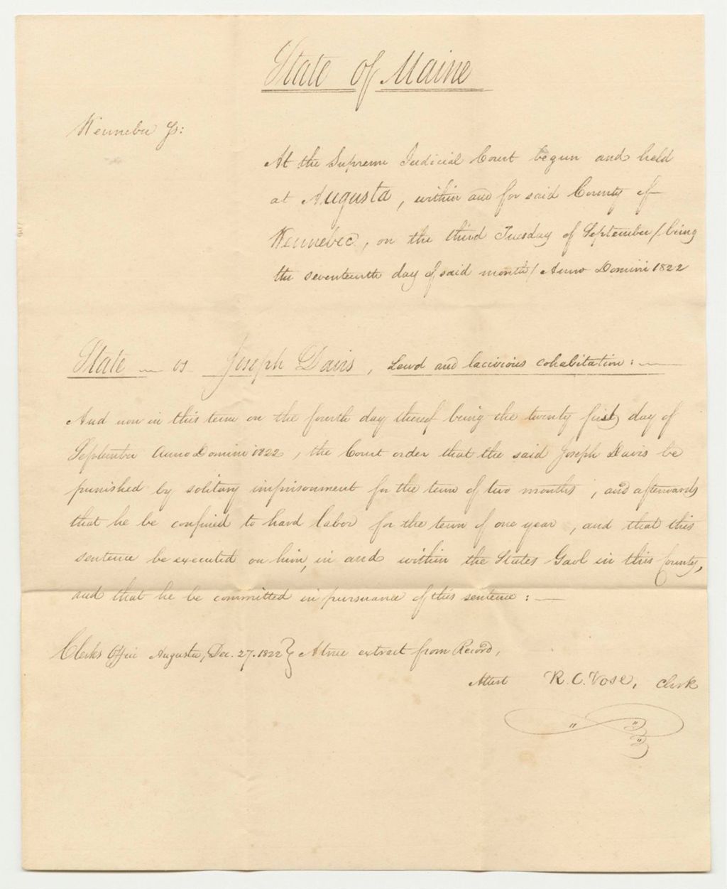 Miniature of Copy of Sentence in State of Maine vs. Joseph Davis