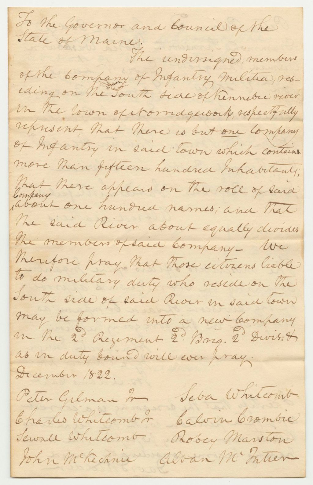 Miniature of Petition of Peter Gilman Jr. and others for a Division of the Company of Infantry in Norridgewock