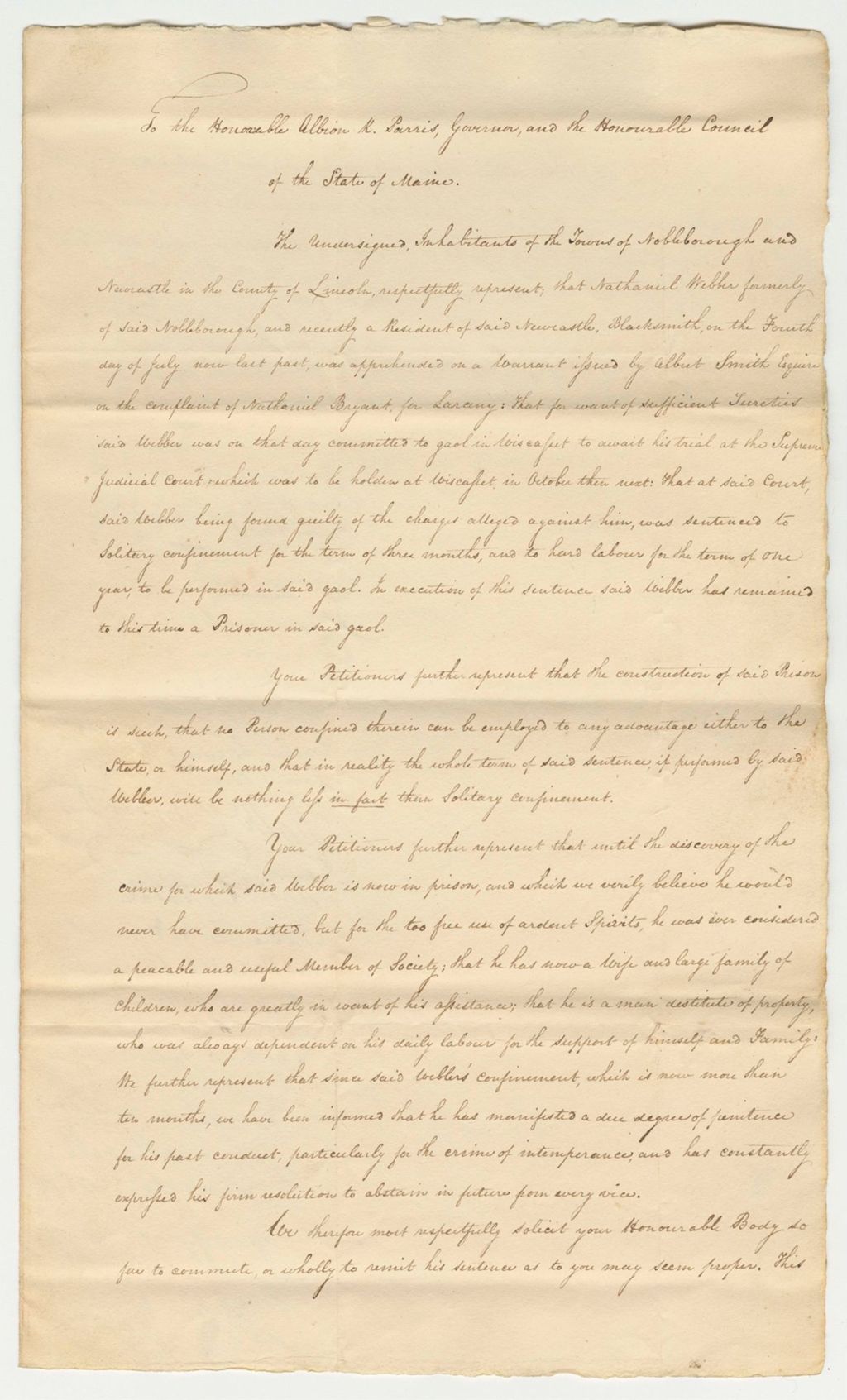 Miniature of Petition of Selectmen of New Castle and Others for the Pardon of Nathaniel Webber