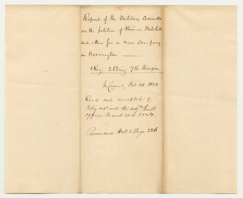 Miniature of Report 285: Report of the Military Committee on the Petition of Thomas Mitchell and Others for a New Company in Harrington