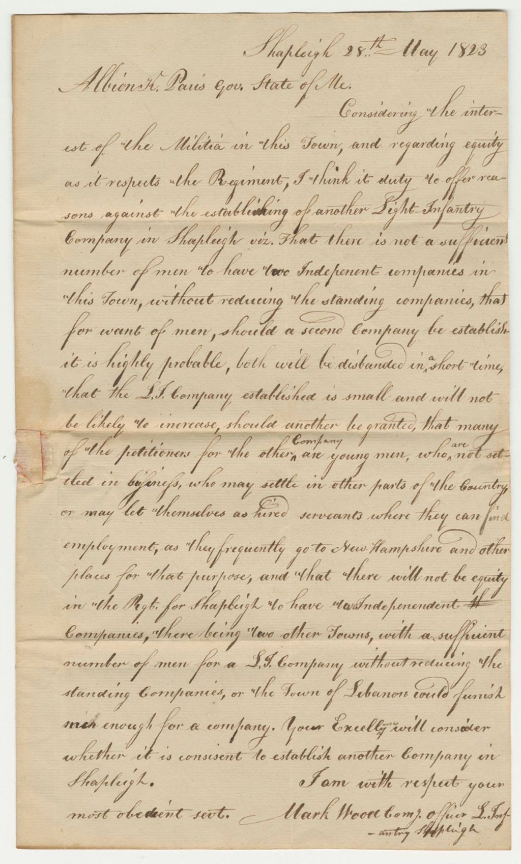 Miniature of Remonstrance of Mark Wood, Commanding the Company of Light Infantry in Shapleigh, Against the Petition for Another Company of Light Infantry in Said Town