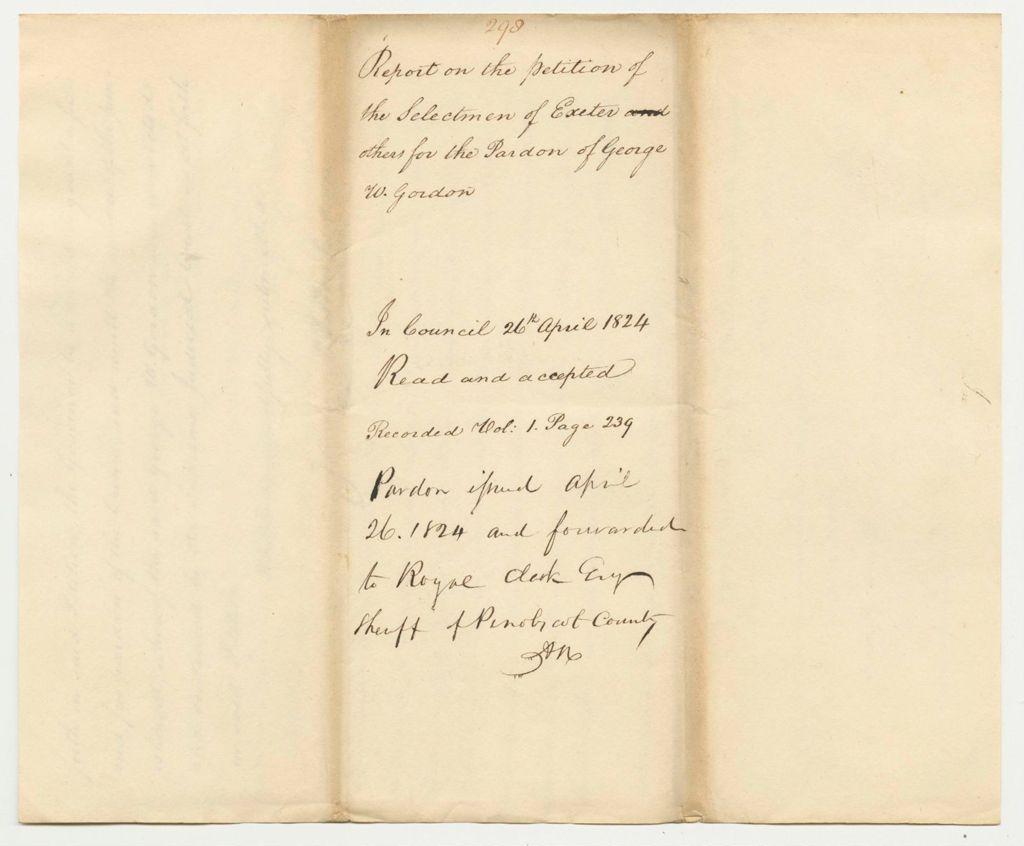 Miniature of Report 298: Report on the Petition of the Selectmen of Exeter and Others for the Pardon of George W. Gordon