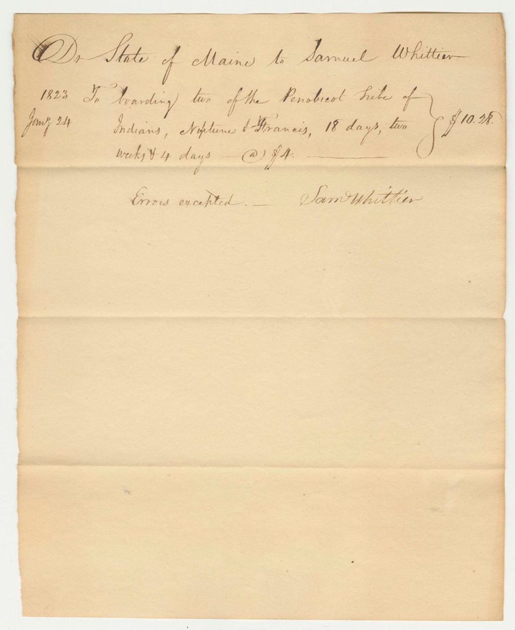 Miniature of Receipt for Samuel Whittier for Boarding
