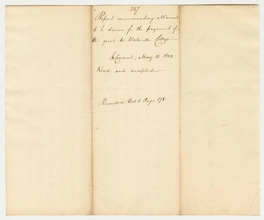 Miniature of Report 247: Report Recommending a Warrant to be Drawn for the Payment of the Grant to Waterville College