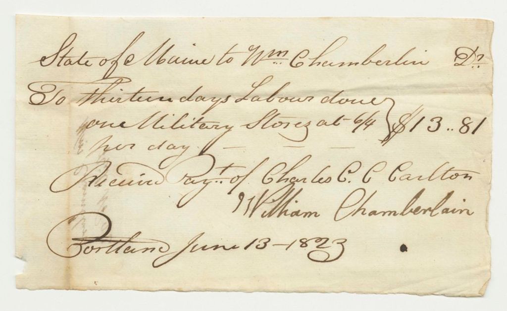 Miniature of Receipt No. 22 for William Chamberlain for Labor