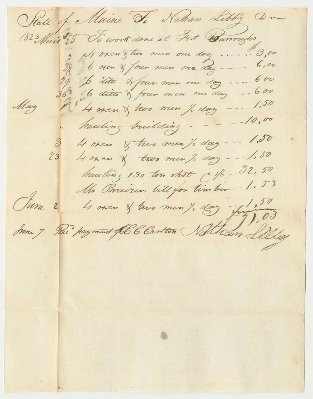 Miniature of Receipt No. 14 for Nathan Libby for Labor
