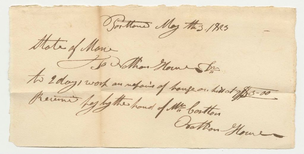 Miniature of Receipt No. 16 for Nathan Howe for Labor
