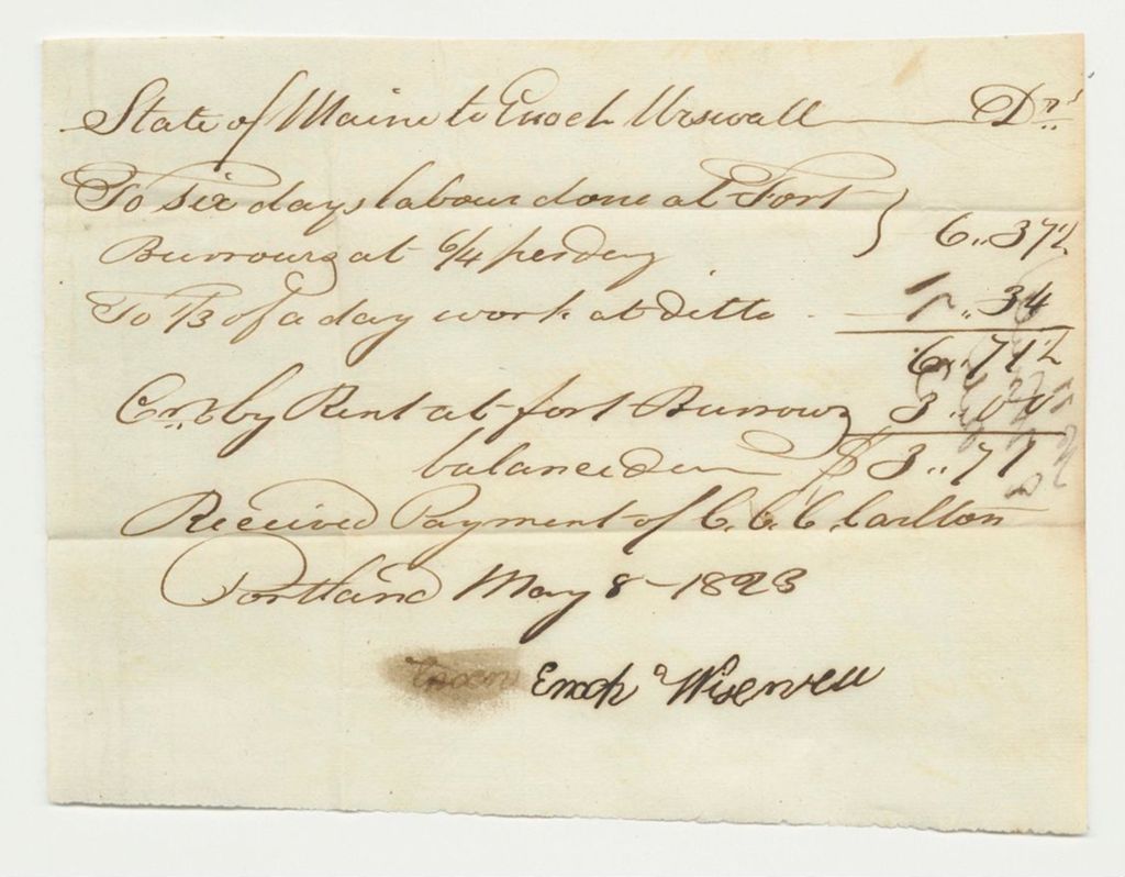 Miniature of Receipt No. 11 for Enoch Wisenell for Labor