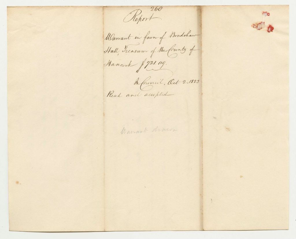 Miniature of Report 268: Report on the Warrant in Favor of Bradshaw Hall, Treasurer of the County of Hancock