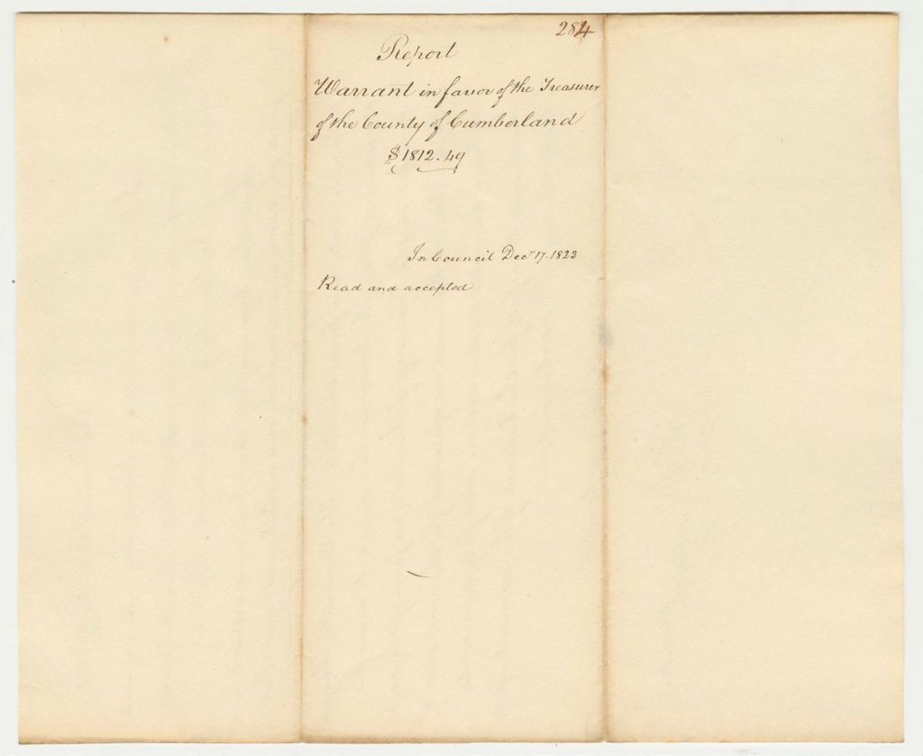 Miniature of Report 284: Report on the Warrant in Favor of the Treasurer of the County of Cumberland
