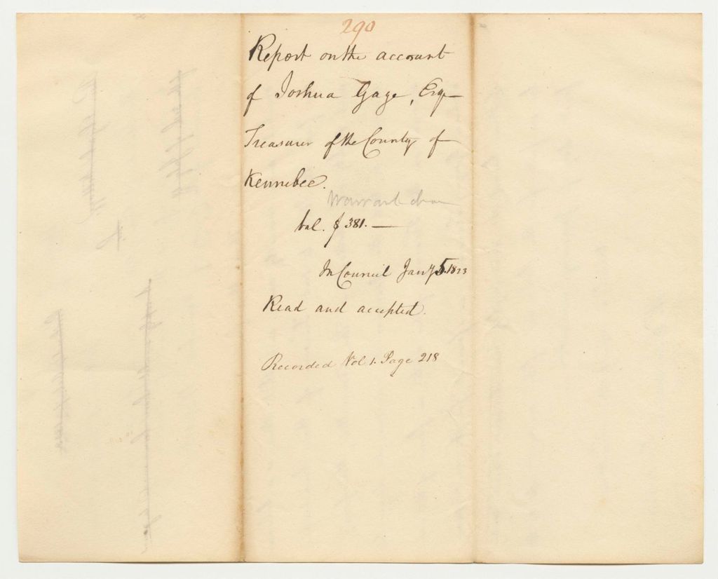 Miniature of Report 290: Report on the Account of Joshua Gage, Treasurer of the County of Kennebec