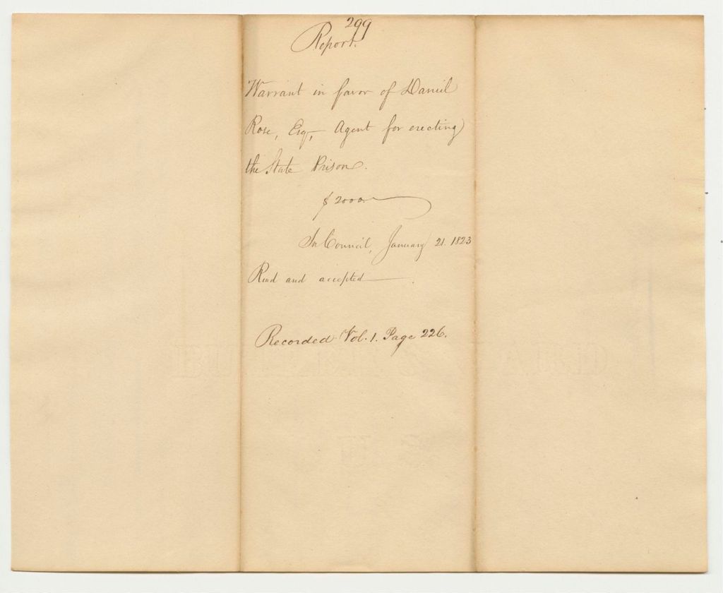 Miniature of Report 299: Report on the Warrant in Favor of Daniel Rose, Esq., Agent for Erecting the State Prison