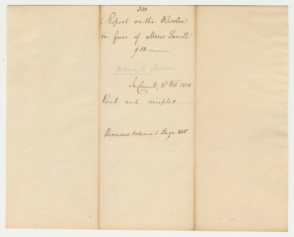 Miniature of Report 310: Report on the Resolve in Favor of Moses Lowell