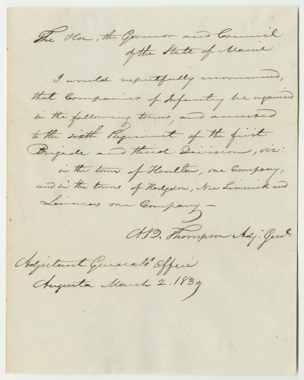 Miniature of A.B. Thompson's Recommendation That Companies of Infantry be Formed in Houlton, Hodgdon, and New Limerick