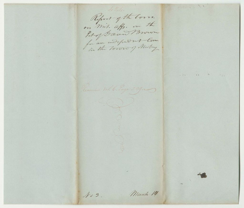 Miniature of Report 424: Report on the Petition of David Brown and Others to be Organized into a Company of Infantry