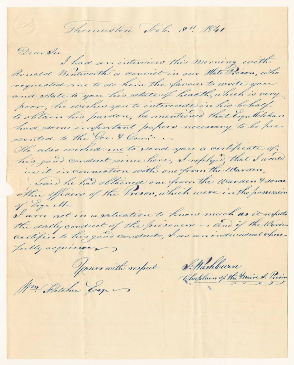 Miniature of Letter from J. Washburn, Chaplain, on the conduct of Arnold Wentworth at the State Prison