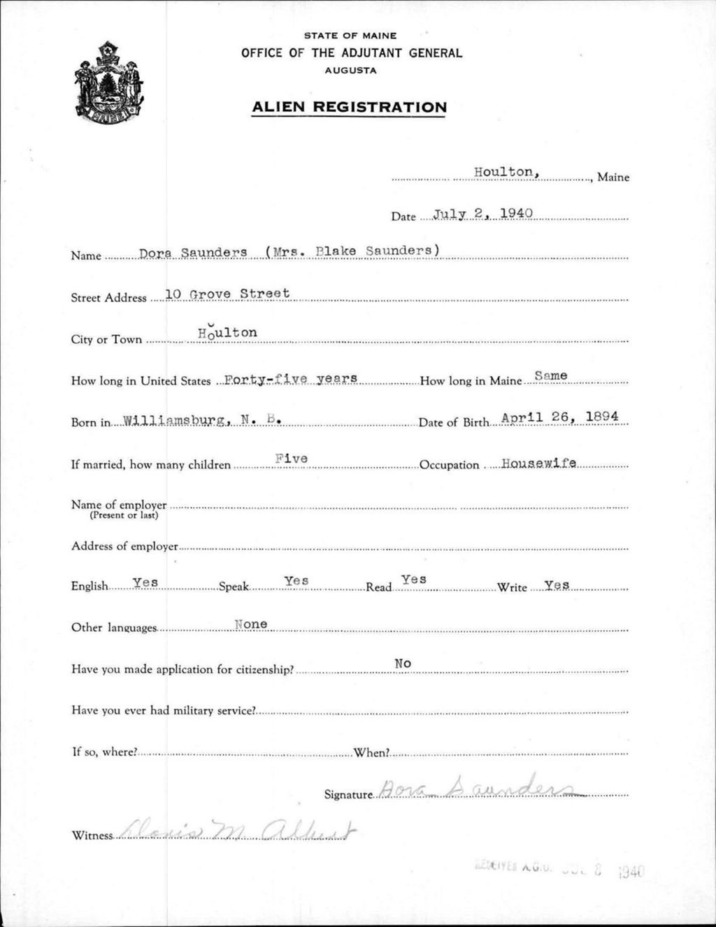 Miniature of Alien Registration- Saunders, Dora (Houlton, Aroostook County)
