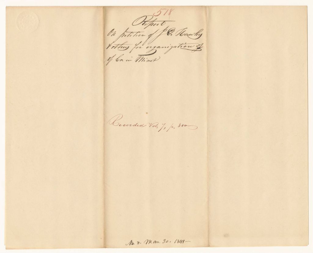 Miniature of Report 518: Report on the Petition of J.G. Hawkes and Others of Minot for the Organization of a Company, to be Called the West Minot Mechanic Rangers