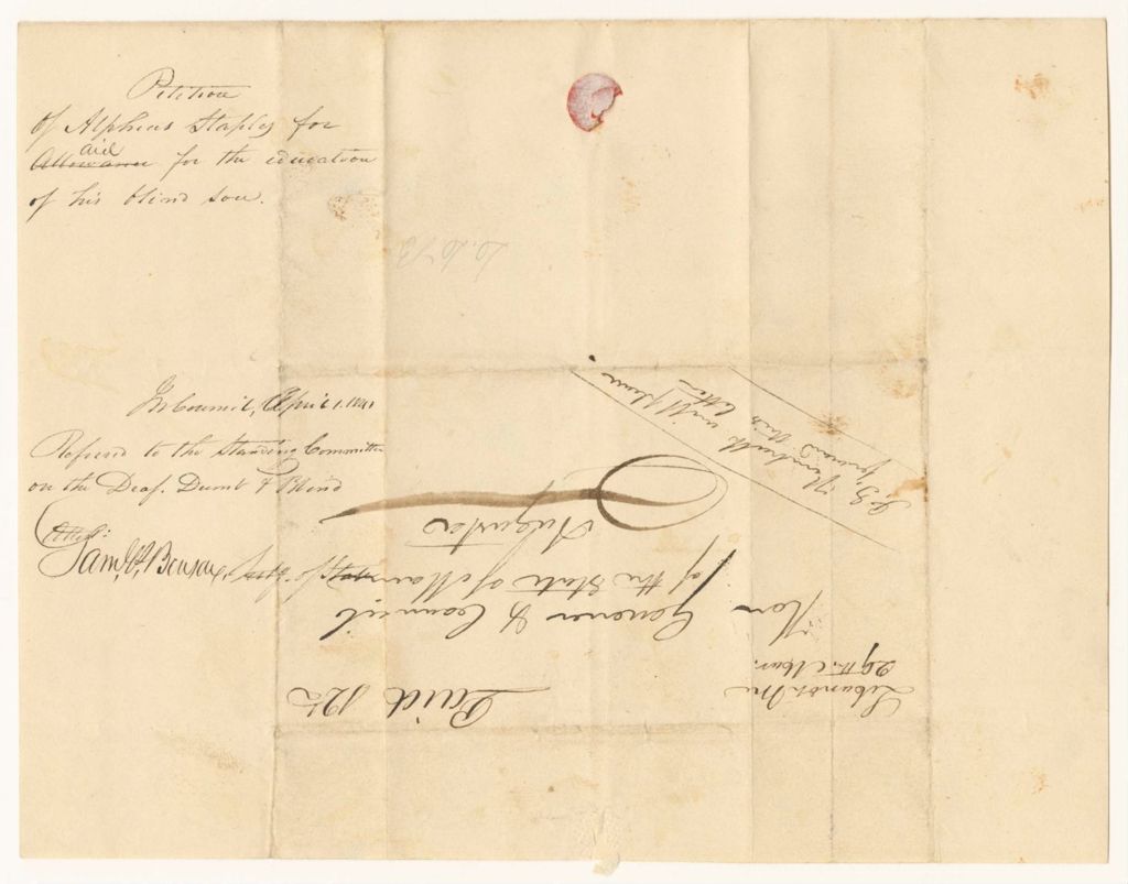 Miniature of Petition of Alpheus Staples for aid for the education of his blind son