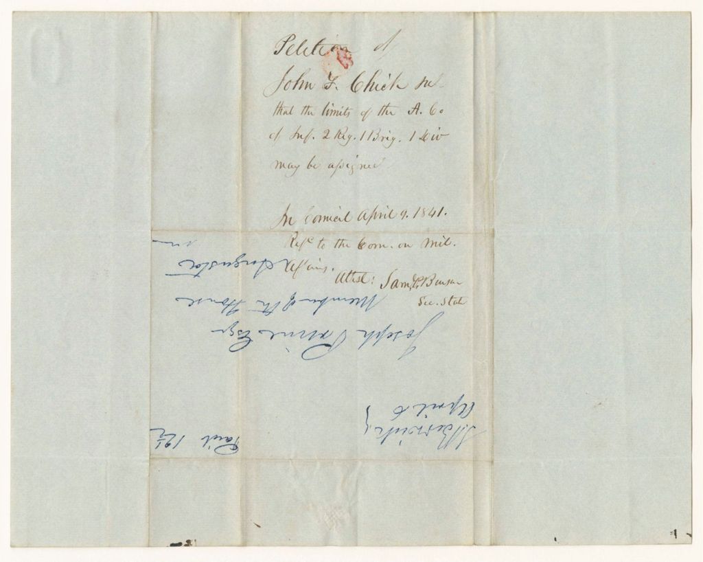 Miniature of Petition of John F. Chick and others that the limits of the A Company of Infantry in the 2nd Regiment 1st Brigade 2nd Division may be assigned