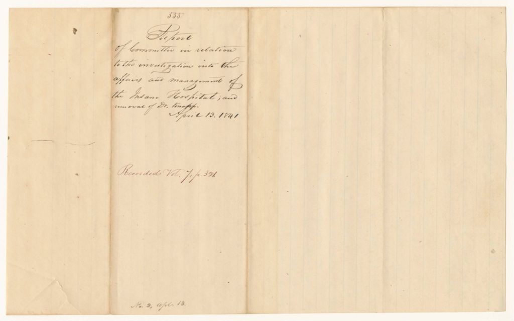 Miniature of Report 555: Report in Relation to the Investigation into the Affairs and Managment of the Insane Hospital, and the Removal of Dr. Cyrus Knapp