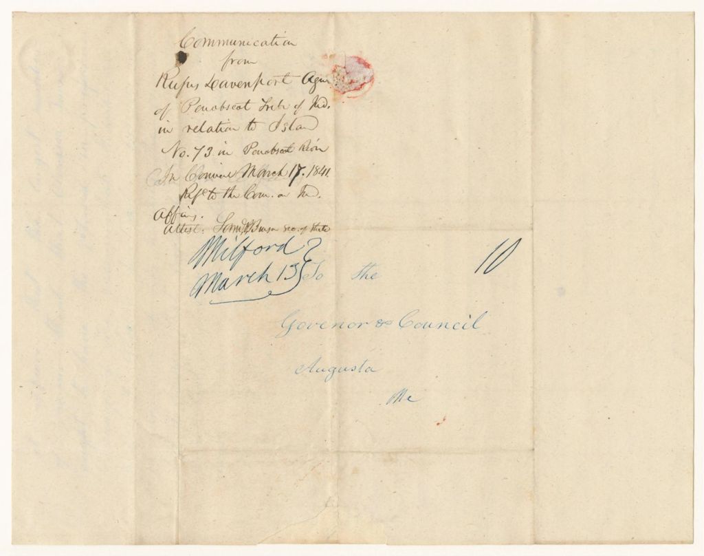 Miniature of Communication from Rufus Davenport, Agent of the Penobscot Tribe of Indians, in relation to Island Number No. 73 in the Penobscot River