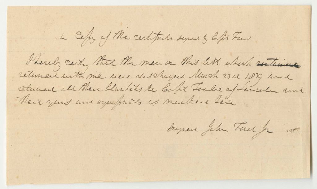 Miniature of Copy of the Certificate Signed by Capt. John Ford