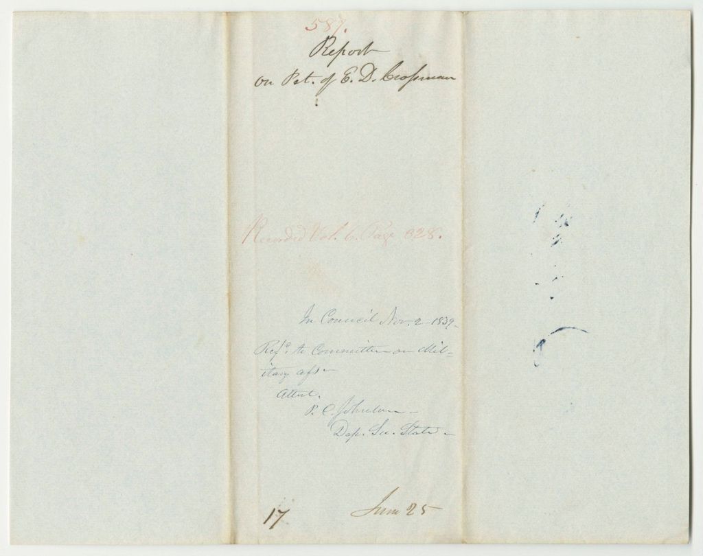 Miniature of Report 587: Report on the Petition of E.D. Crossman and Others to Disband the Greene Light Infantry