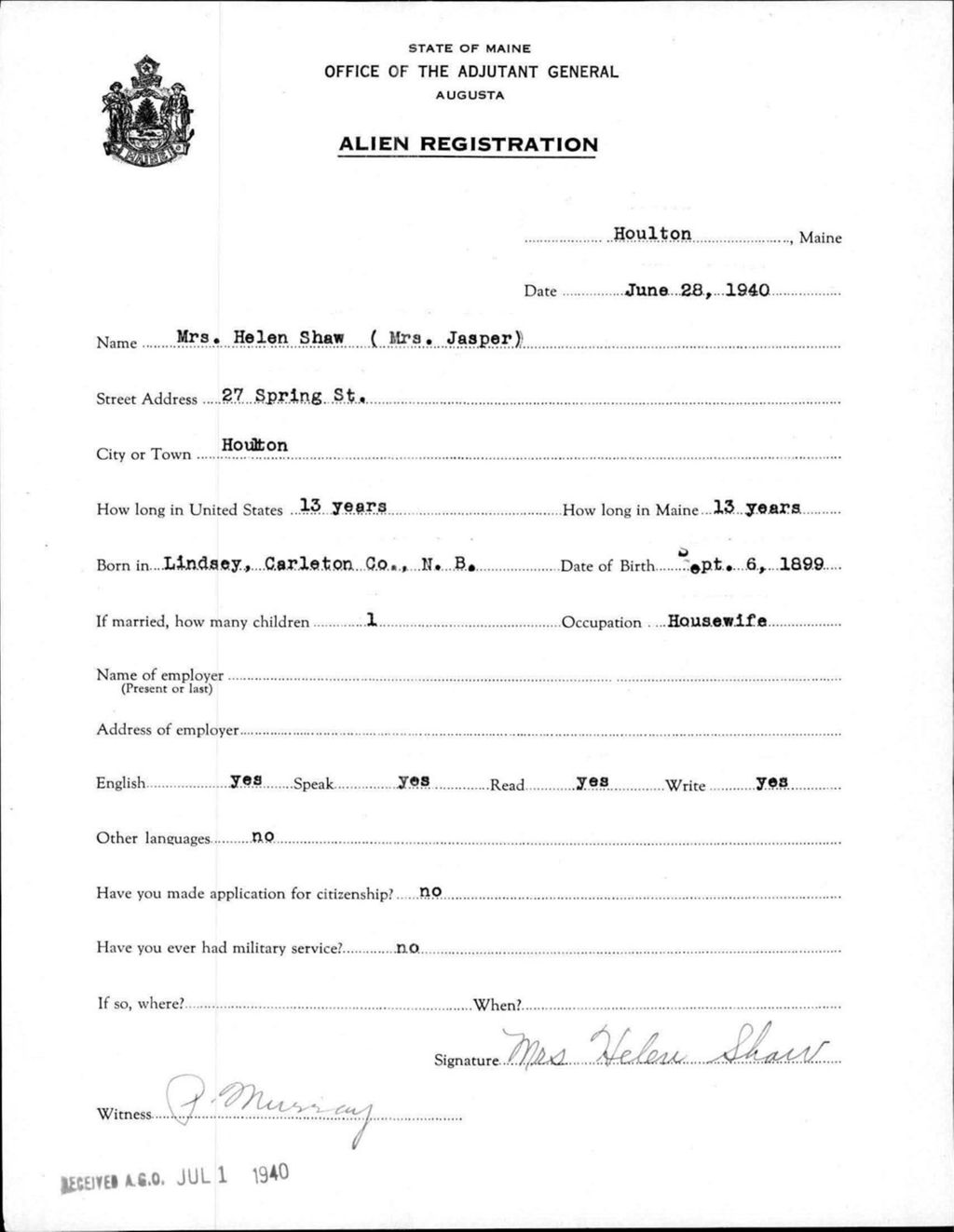 Miniature of Alien Registration- Shaw, Helen (Houlton, Aroostook County)