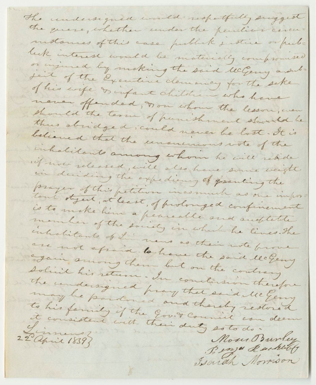 Miniature of Petition of Moses Burlery for the Pardon of James McGerry