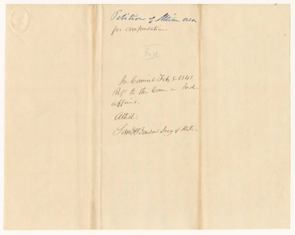 Miniature of Petition of Attian Orson for Compensation as Agent of the Penobscot Tribe in Augusta