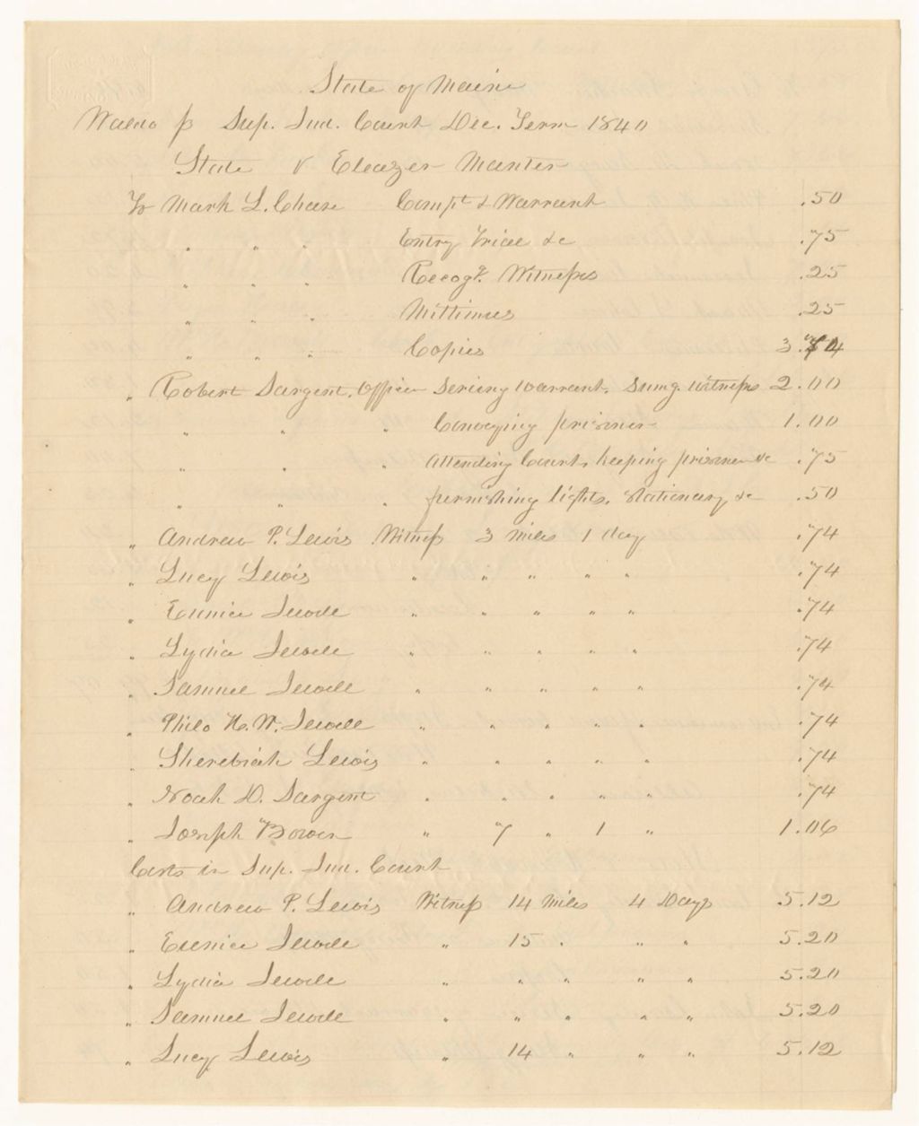 Miniature of Bills of Cost at the Supreme Judicial Court in Waldo County, December Term 1840