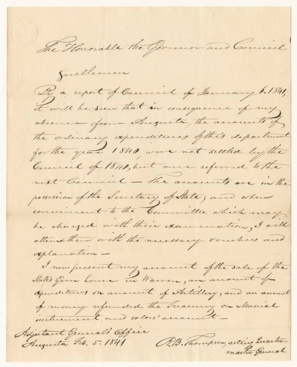 Miniature of Communication from Abner B. Thomas, Quarter Master General, relating to his accounts for the year 1840