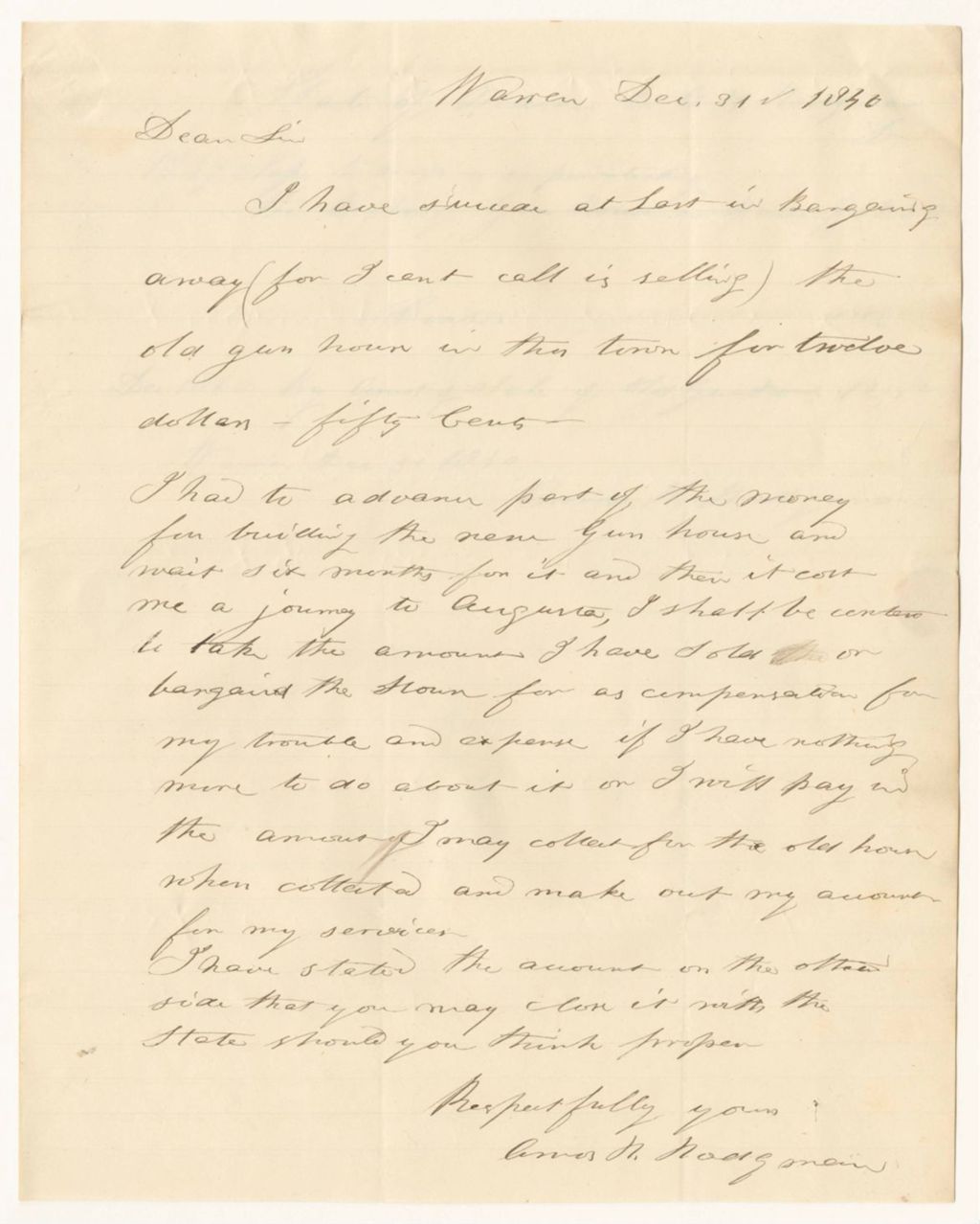 Miniature of Amos H. Hodgman's receipt for the sale of the Warren Gun House