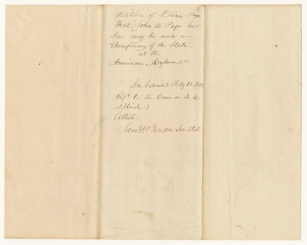 Miniature of Petition of Eliza Paye that John W. Page, her son, may be made a Beneficiary of the State at the American Asylum