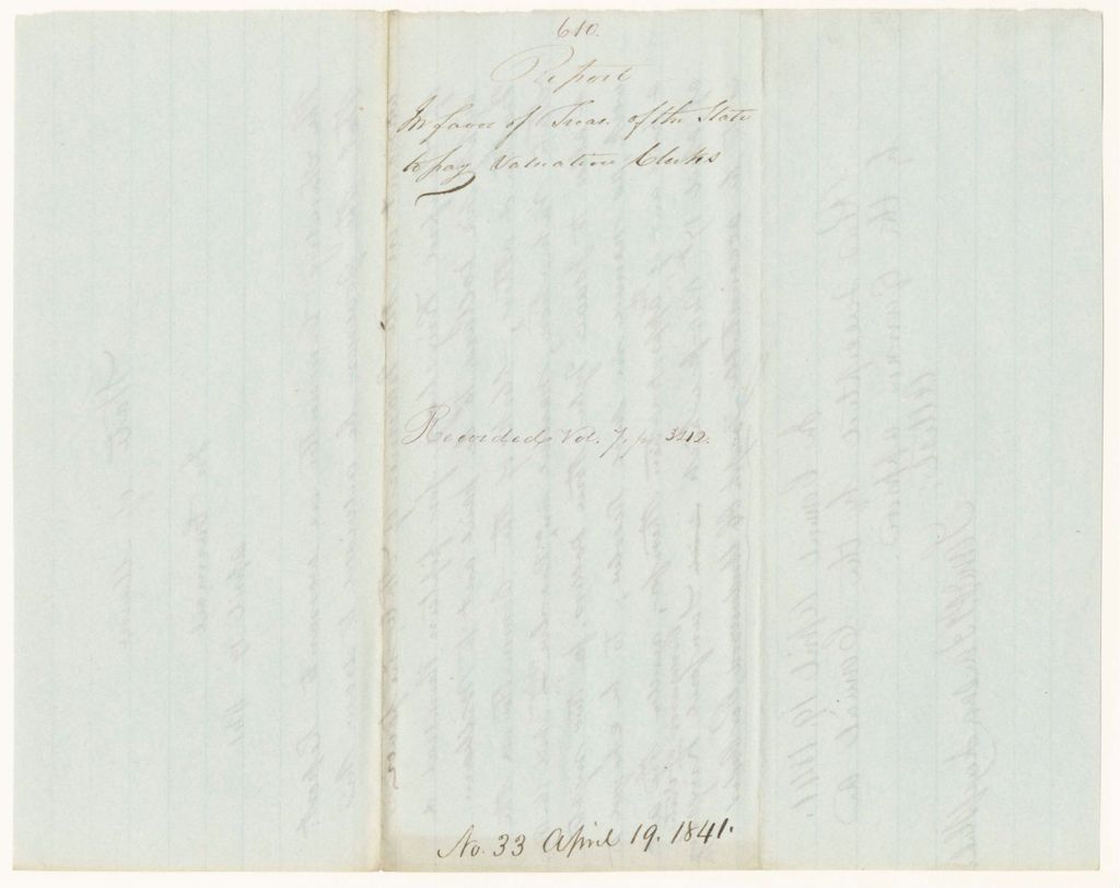 Miniature of Report 610: Report in Favor of Treasurer of State to Pay Valuation Clerks