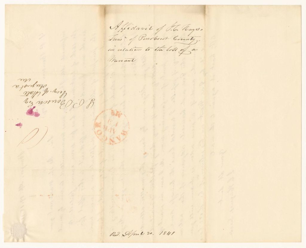 Miniature of Affidavit of I.C. Haynes, Treasurer of Penobscot County, in relation to the loss of a warrant