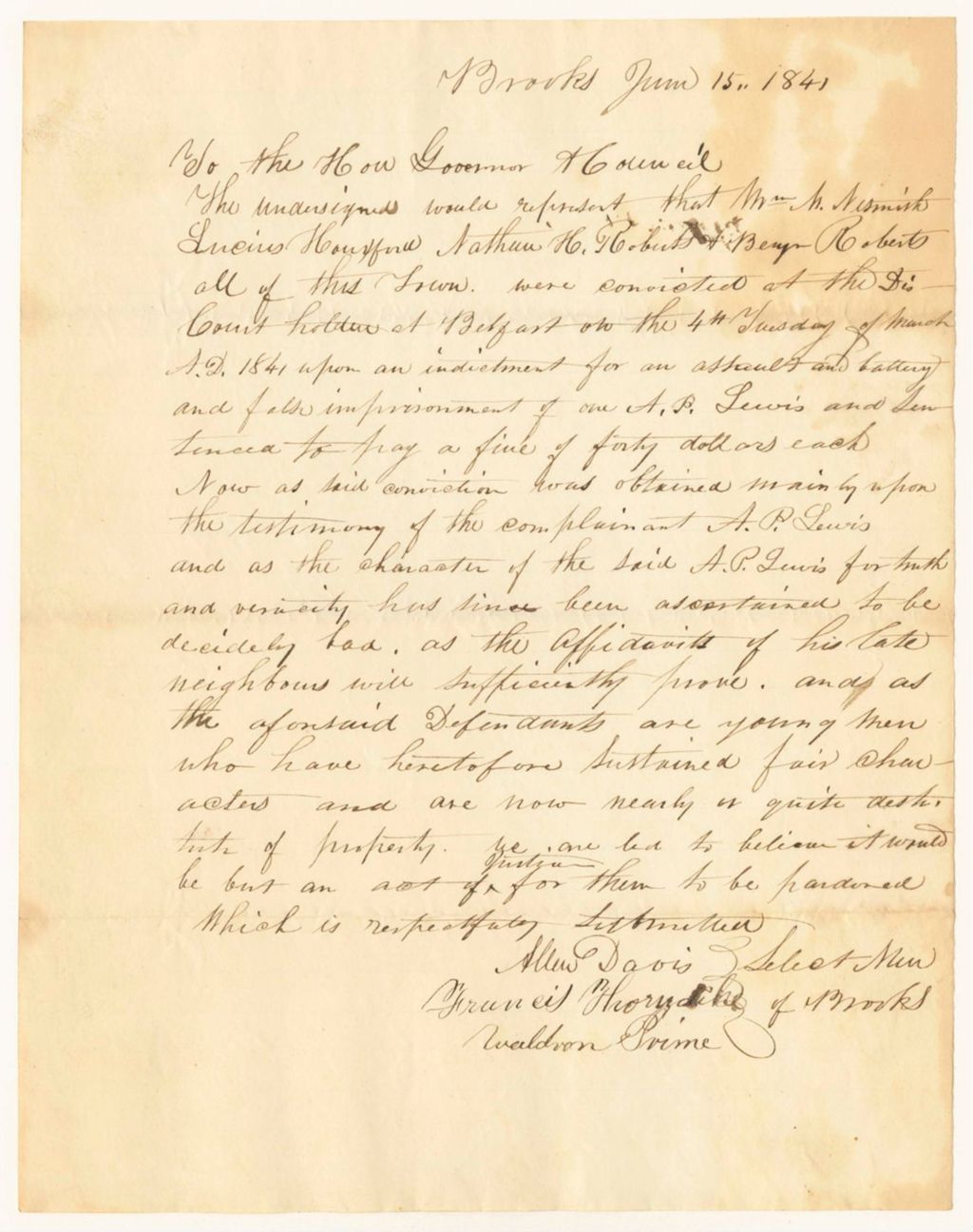 Miniature of Petition for the pardons of William M. Nesmith, Lucius Huxford, Nathaniel H. Roberts, and Benjamin Roberts